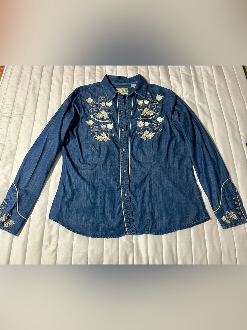 Roper Dark Blue Denim Western Shirt with Cream Floral Embroidery